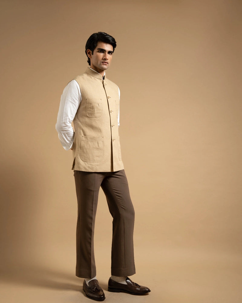 Beige Linen Utility Down-Vest Gargee