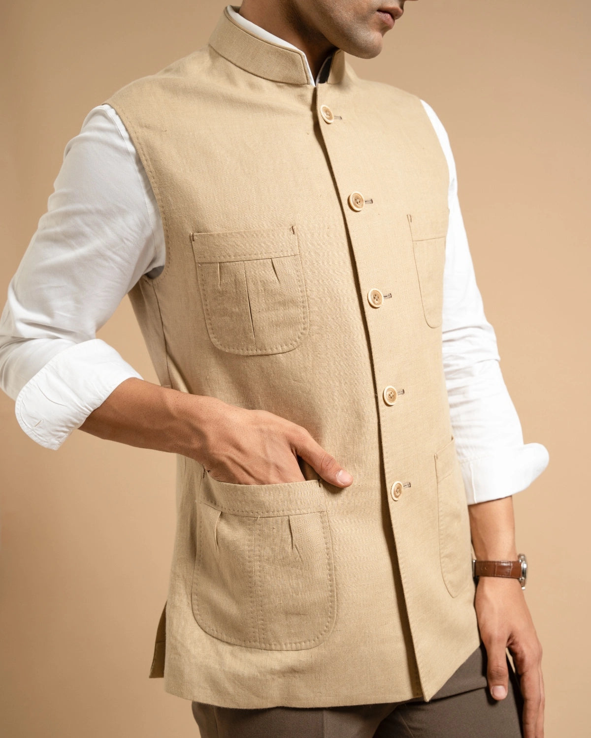 Beige Linen Utility Down-Vest Gargee
