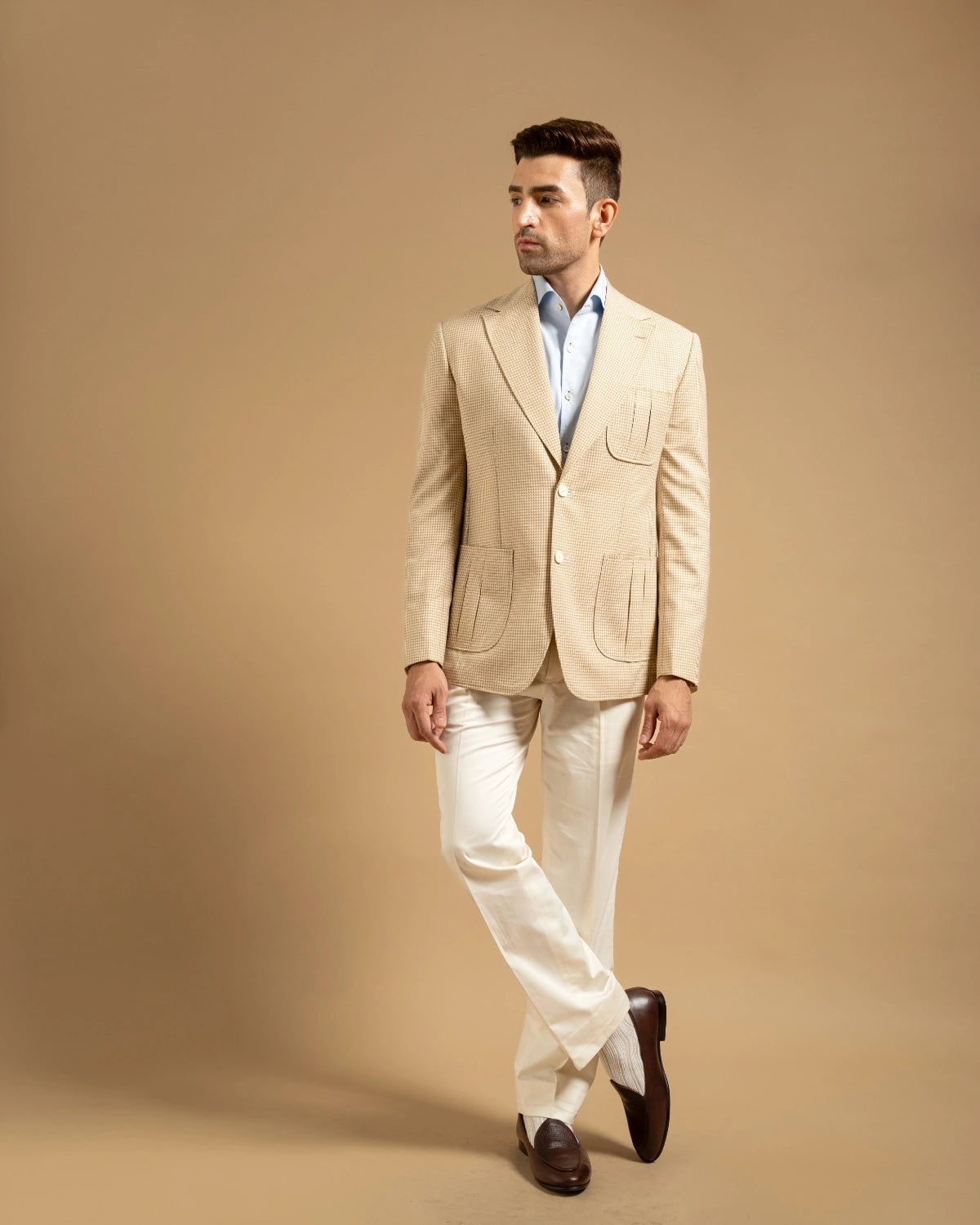 Beige Wool Blend Houndstooth Tailored Blazer Gargee