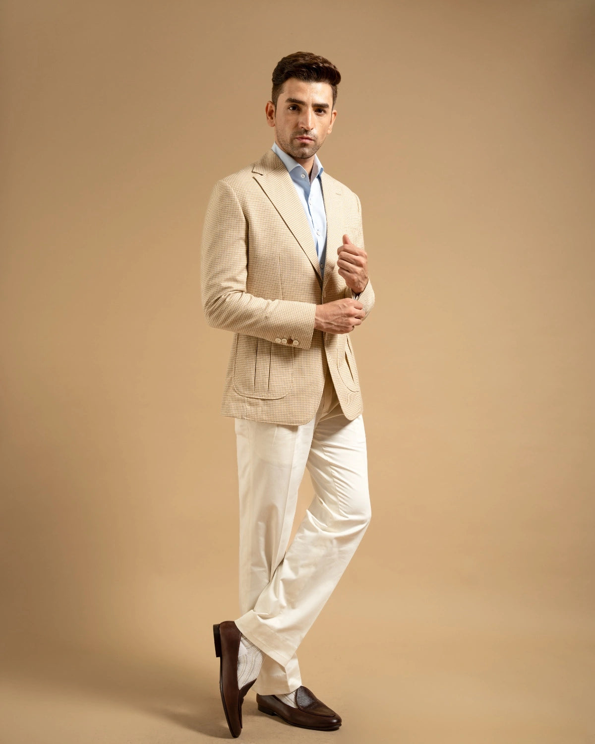 Beige Wool Blend Houndstooth Tailored Blazer Gargee