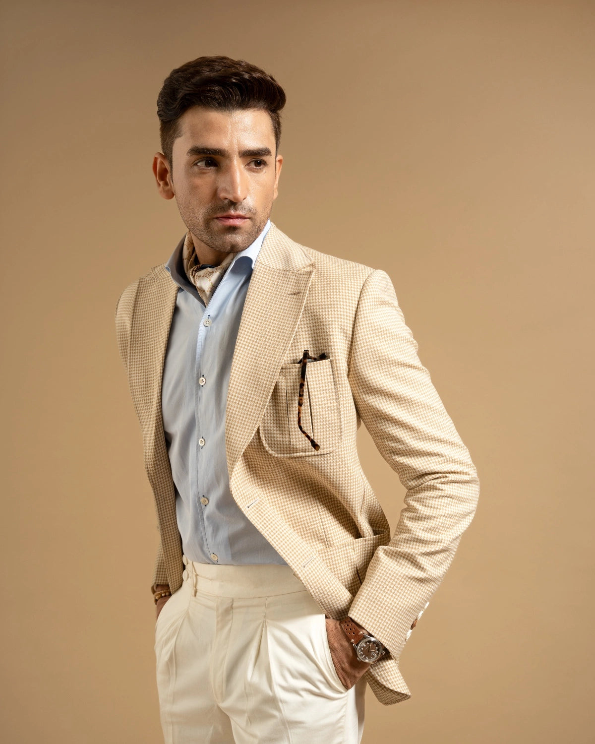 Beige Wool Blend Houndstooth Tailored Blazer Gargee