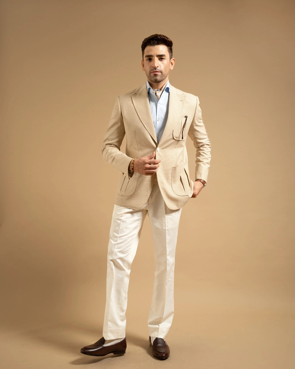 Beige Wool Blend Houndstooth Tailored Blazer Gargee