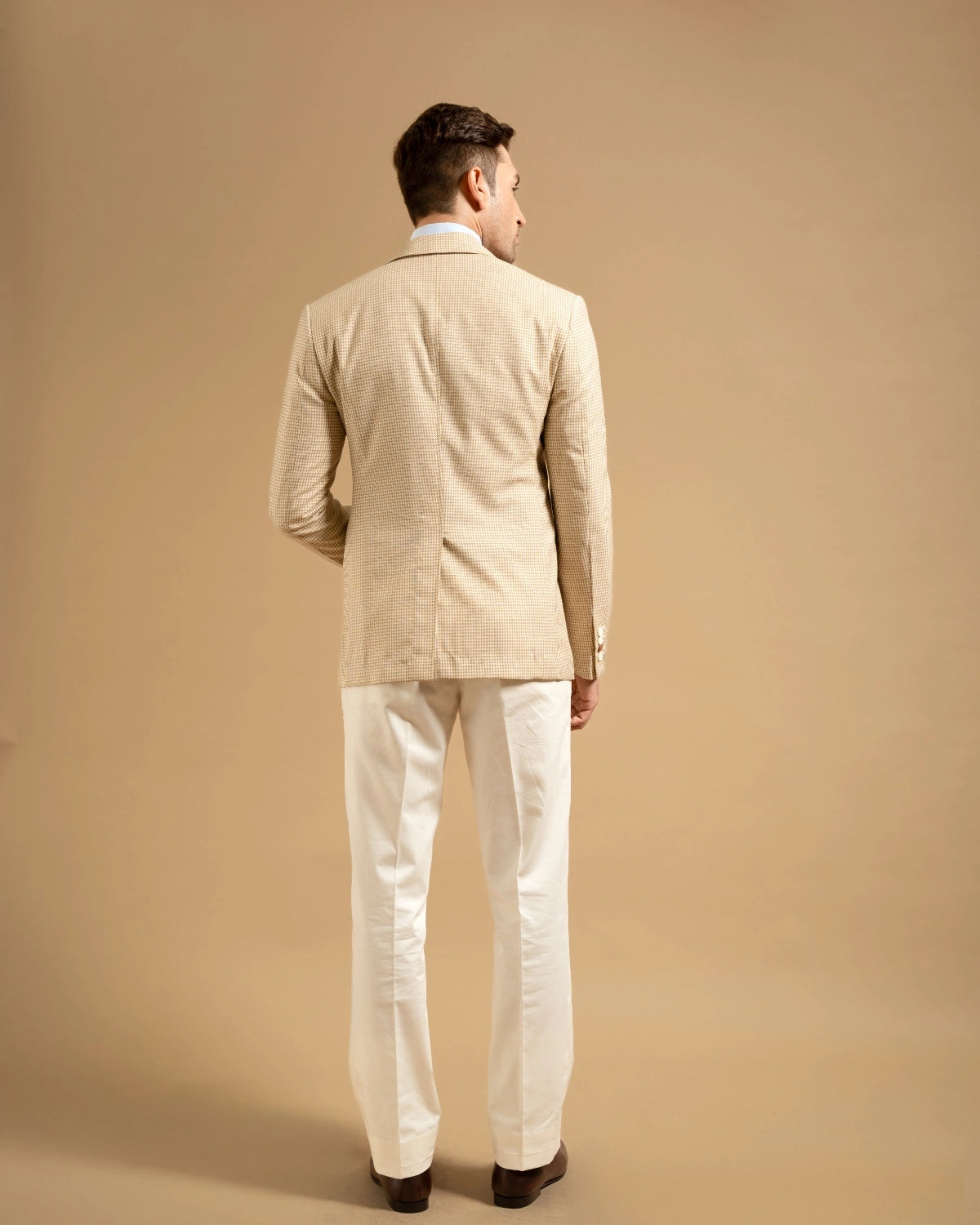 Beige Wool Blend Houndstooth Tailored Blazer Gargee