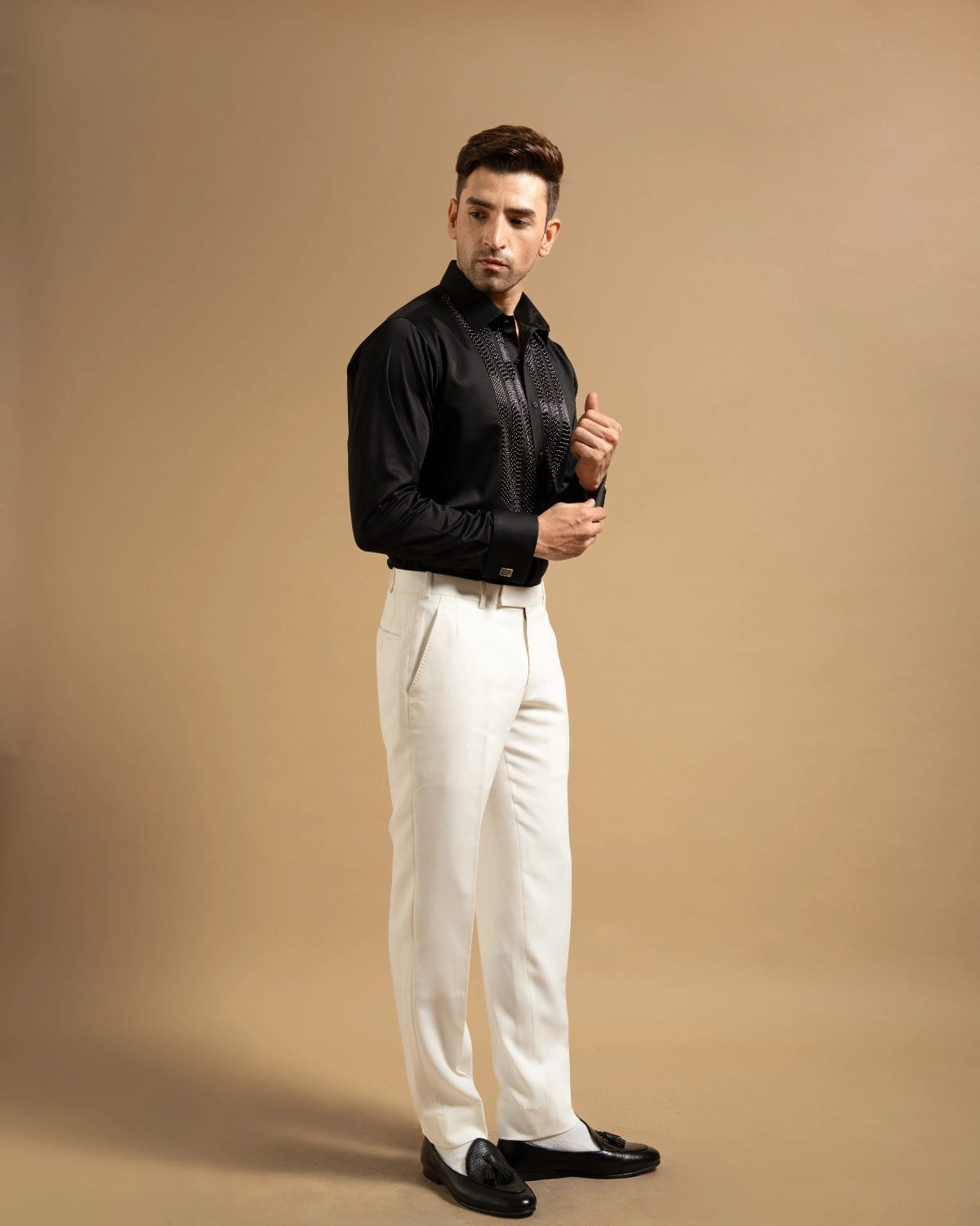 Black Textured Embellished Panel Shirt Gargee