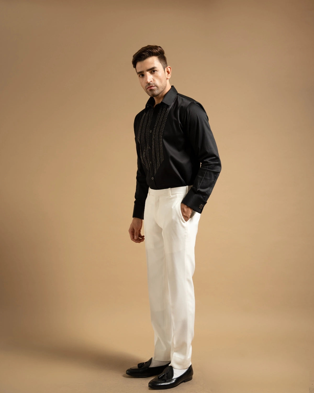 Black Textured Embellished Panel Shirt Gargee