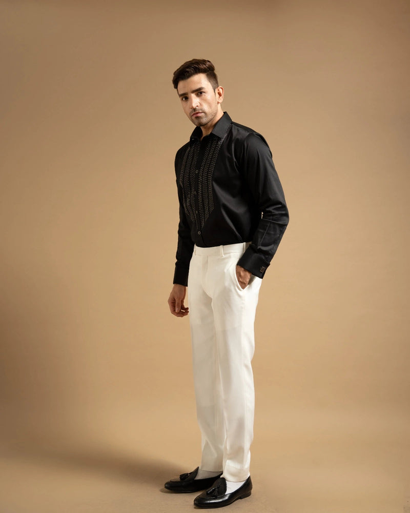 Black Textured Embellished Panel Shirt Gargee