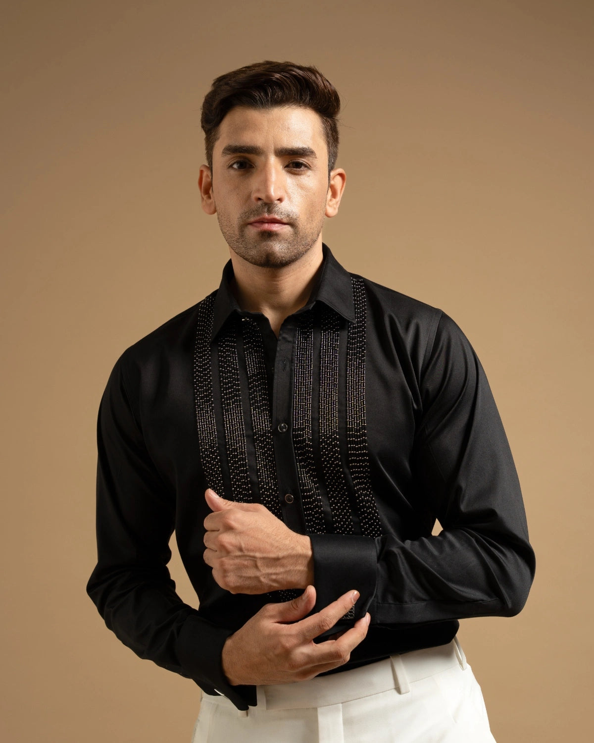 Black Textured Embellished Panel Shirt Gargee
