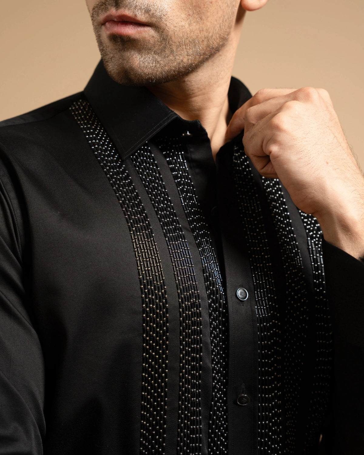 Black Textured Embellished Panel Shirt Gargee