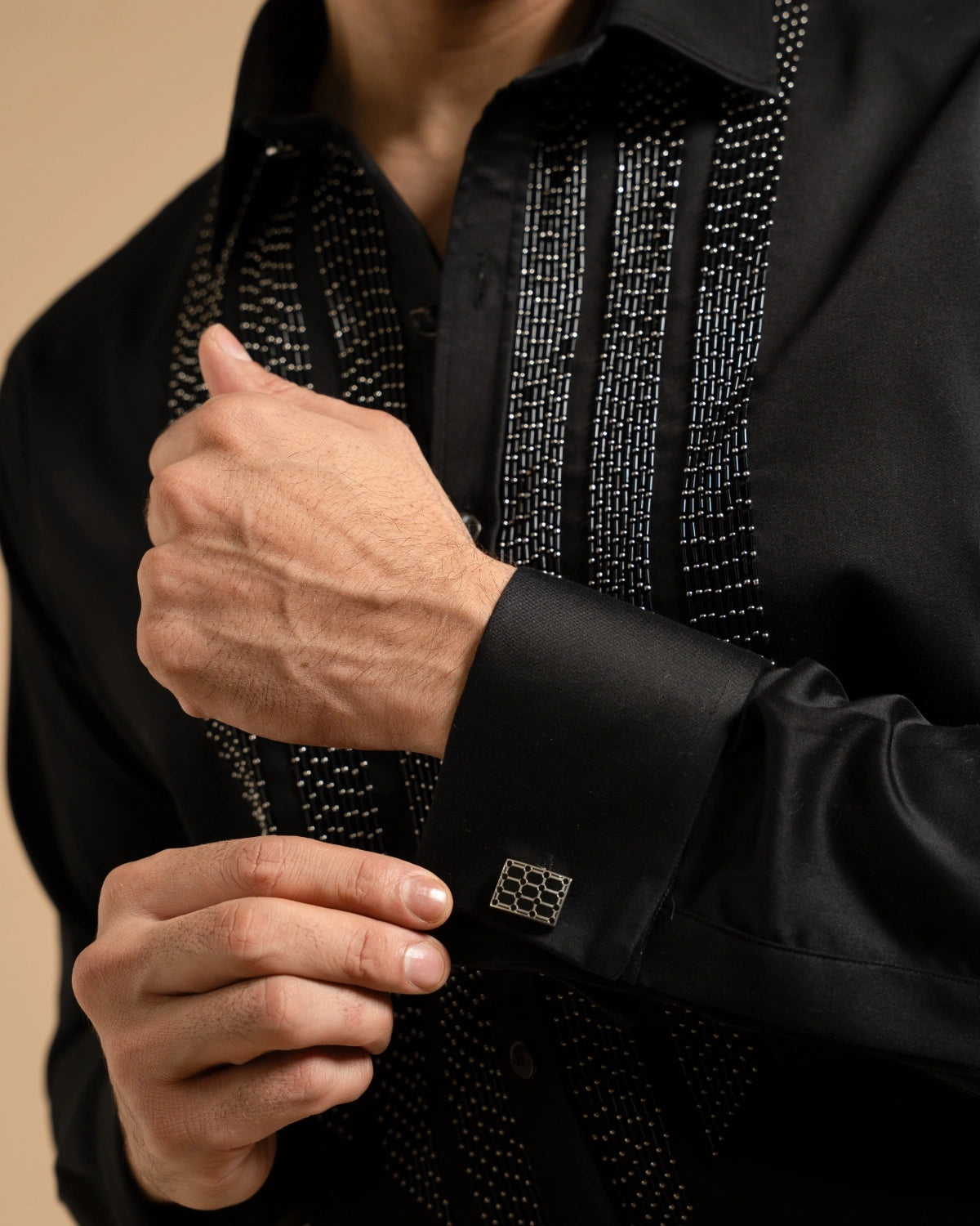 Black Textured Embellished Panel Shirt Gargee