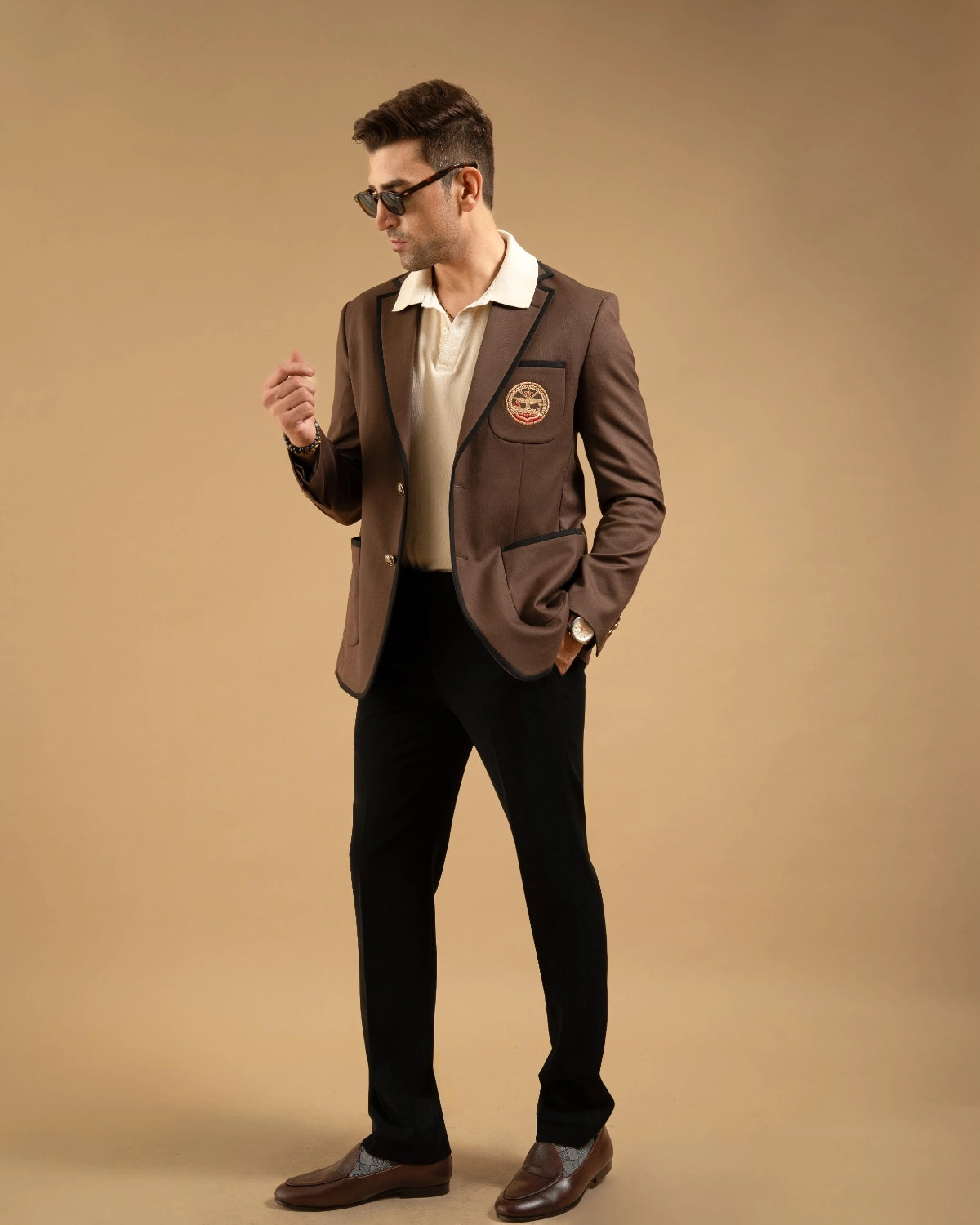 Brown Cotton Contrast Piped Crest Blazer Gargee