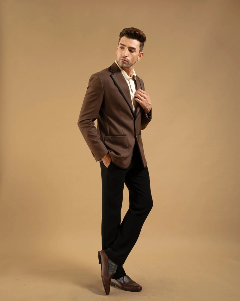 Brown Cotton Contrast Piped Crest Blazer Gargee