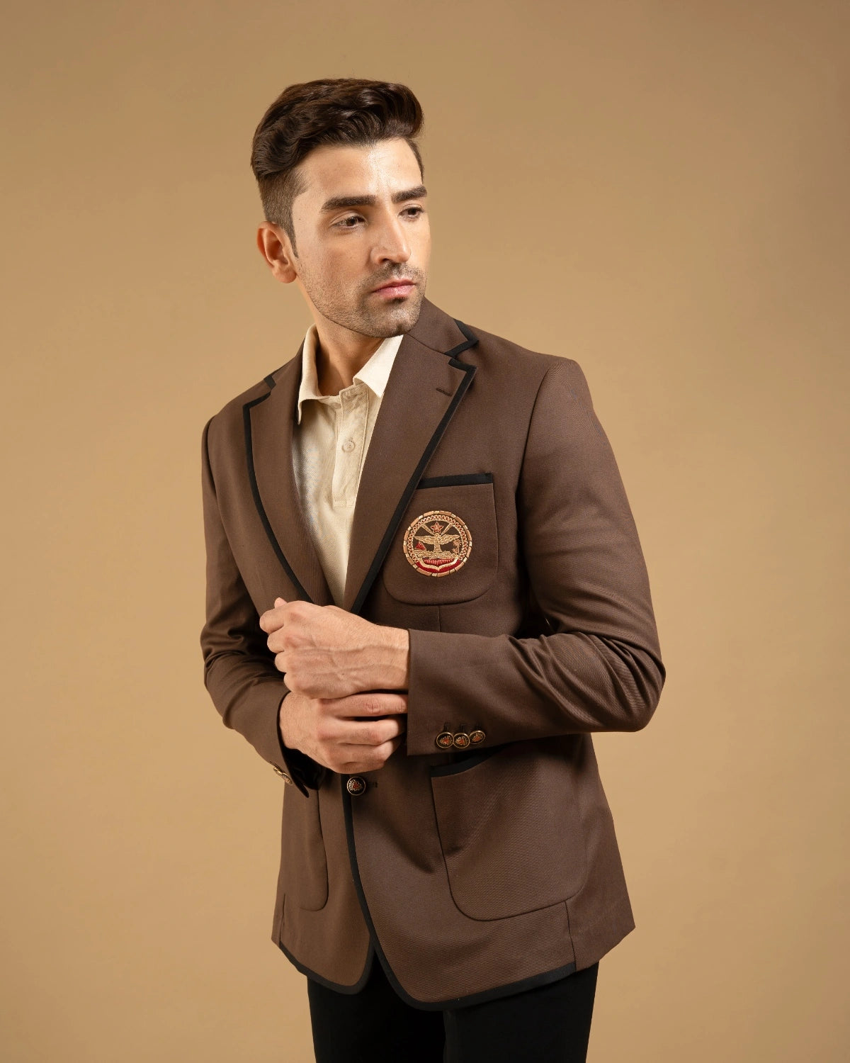 Brown Cotton Contrast Piped Crest Blazer Gargee