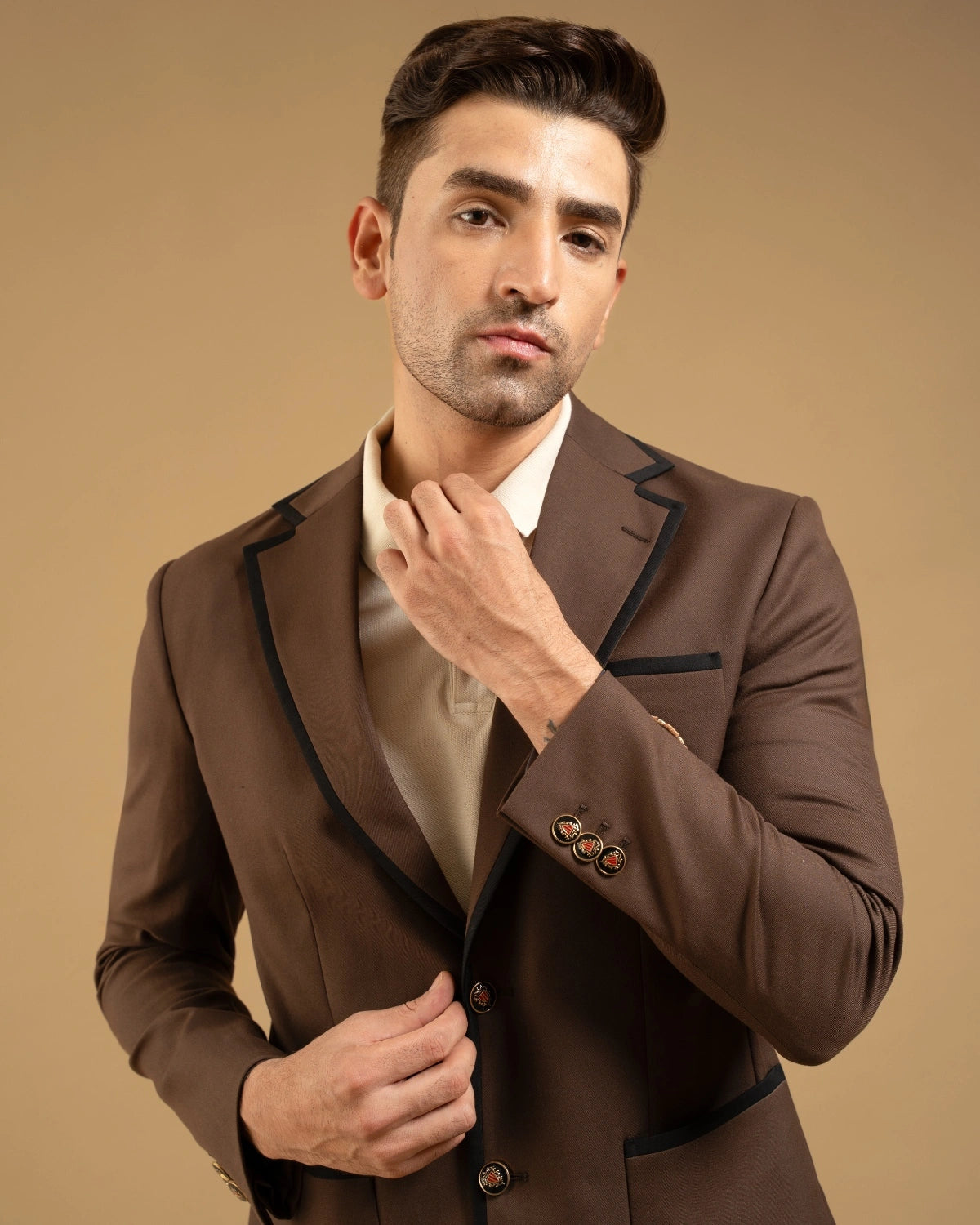Brown Cotton Contrast Piped Crest Blazer Gargee