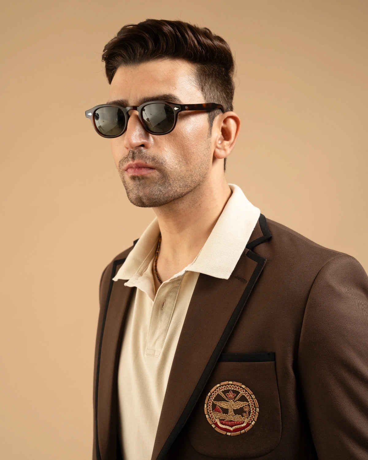 Brown Cotton Contrast Piped Crest Blazer Gargee