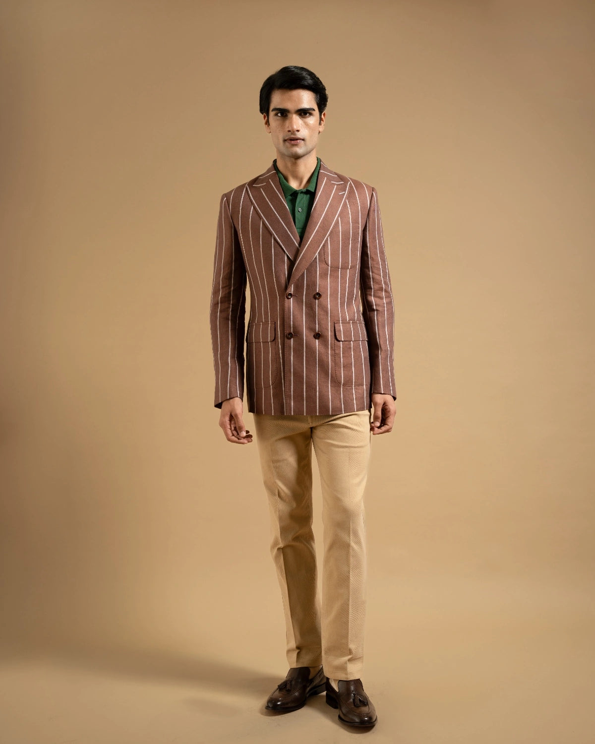 Brown Linen Bold Stripe Tailored Blazer Gargee