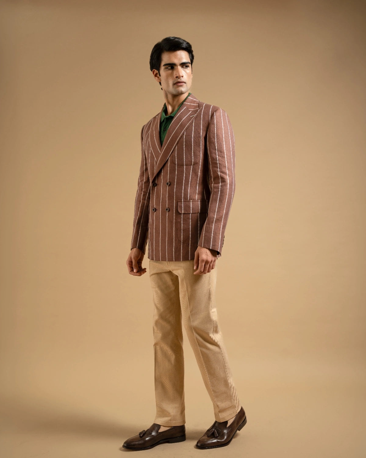Brown Linen Bold Stripe Tailored Blazer Gargee
