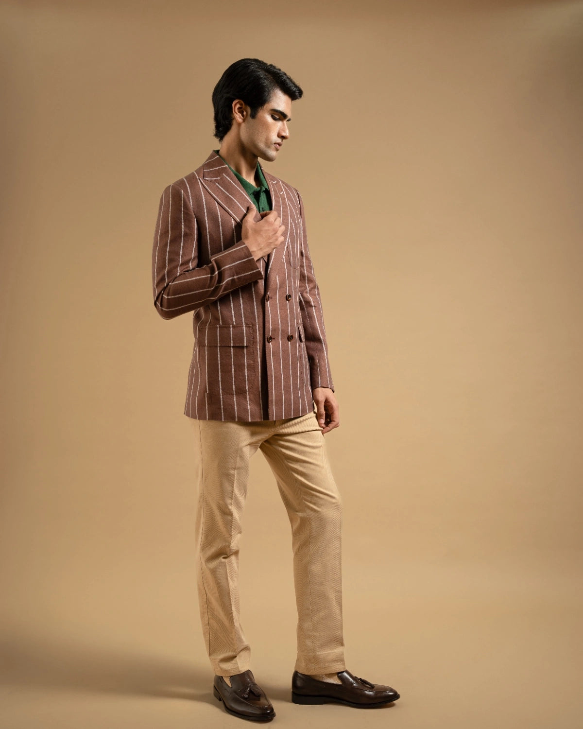 Brown Linen Bold Stripe Tailored Blazer Gargee