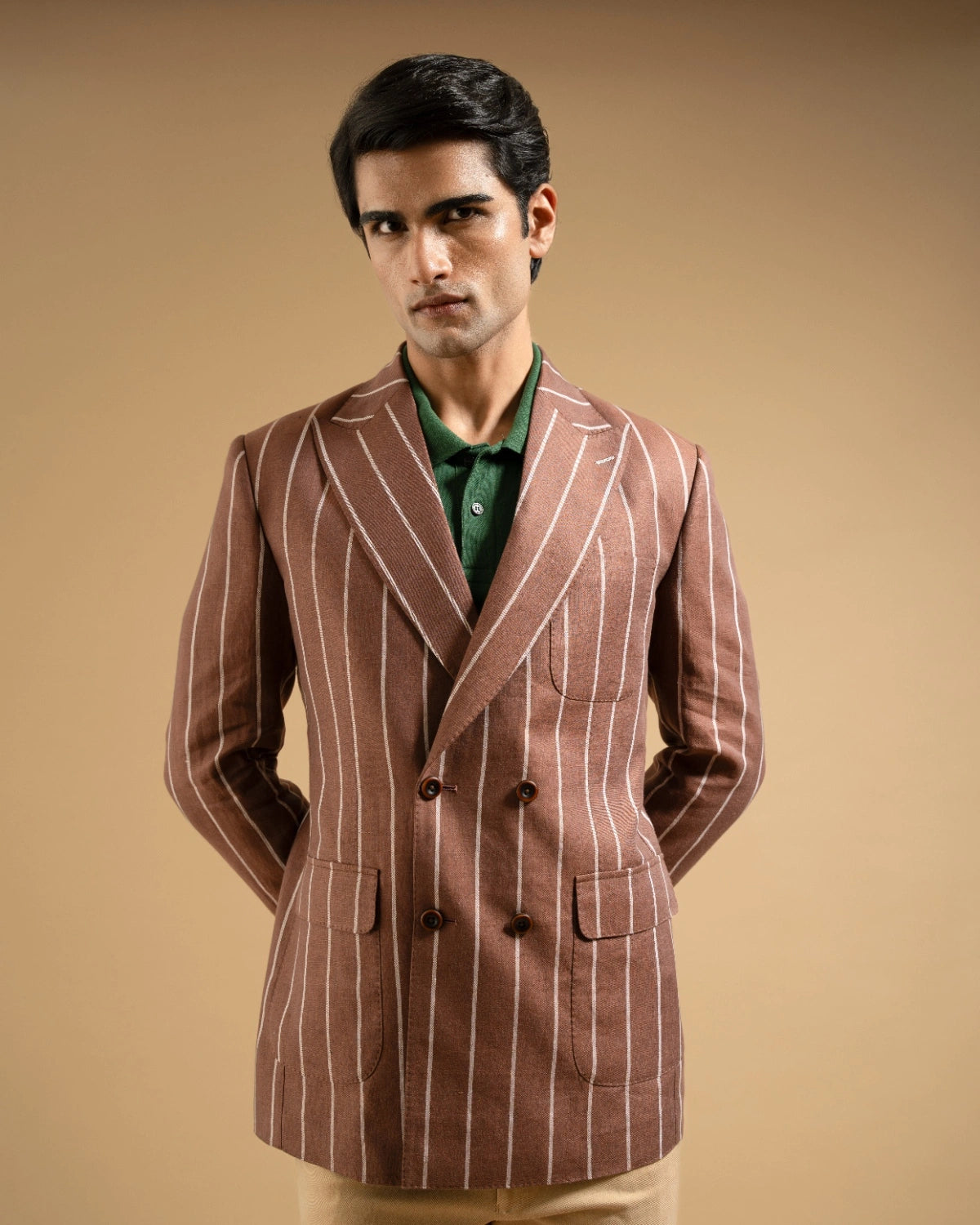 Brown Linen Bold Stripe Tailored Blazer Gargee