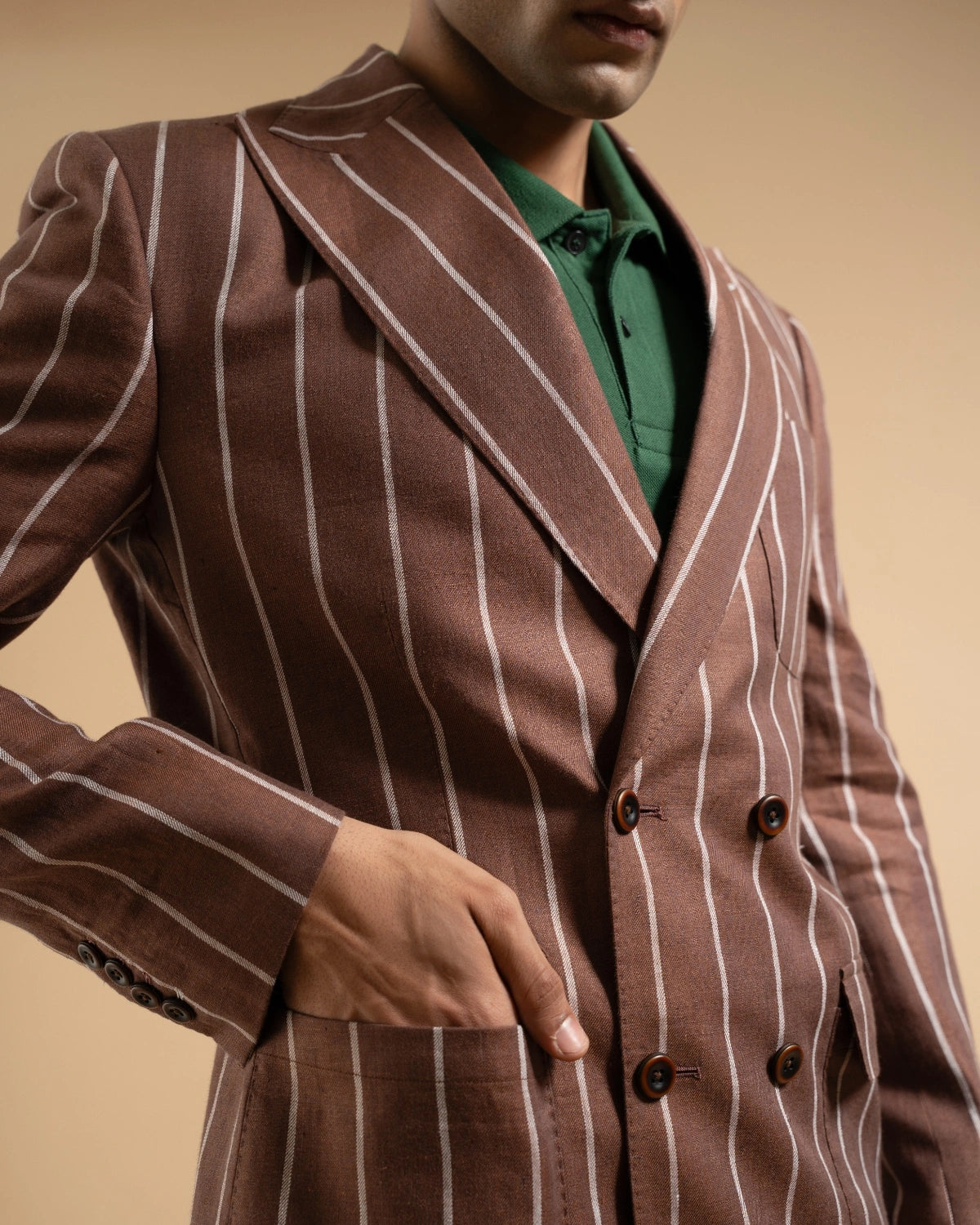 Brown Linen Bold Stripe Tailored Blazer Gargee