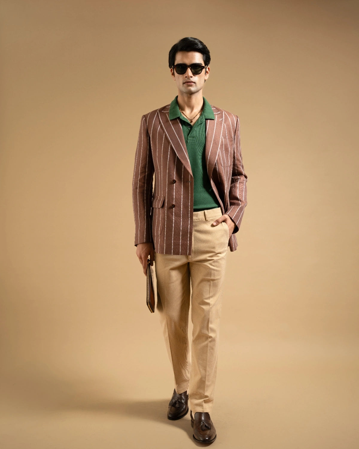 Brown Linen Bold Stripe Tailored Blazer Gargee