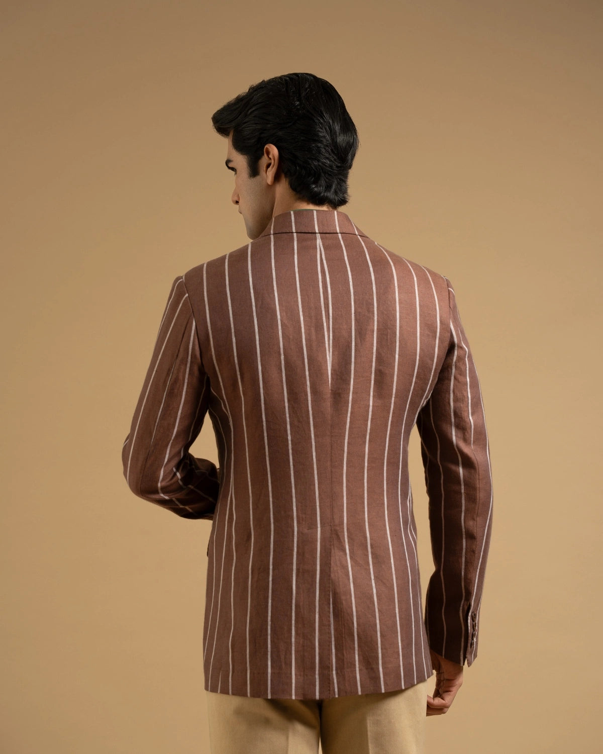 Brown Linen Bold Stripe Tailored Blazer Gargee