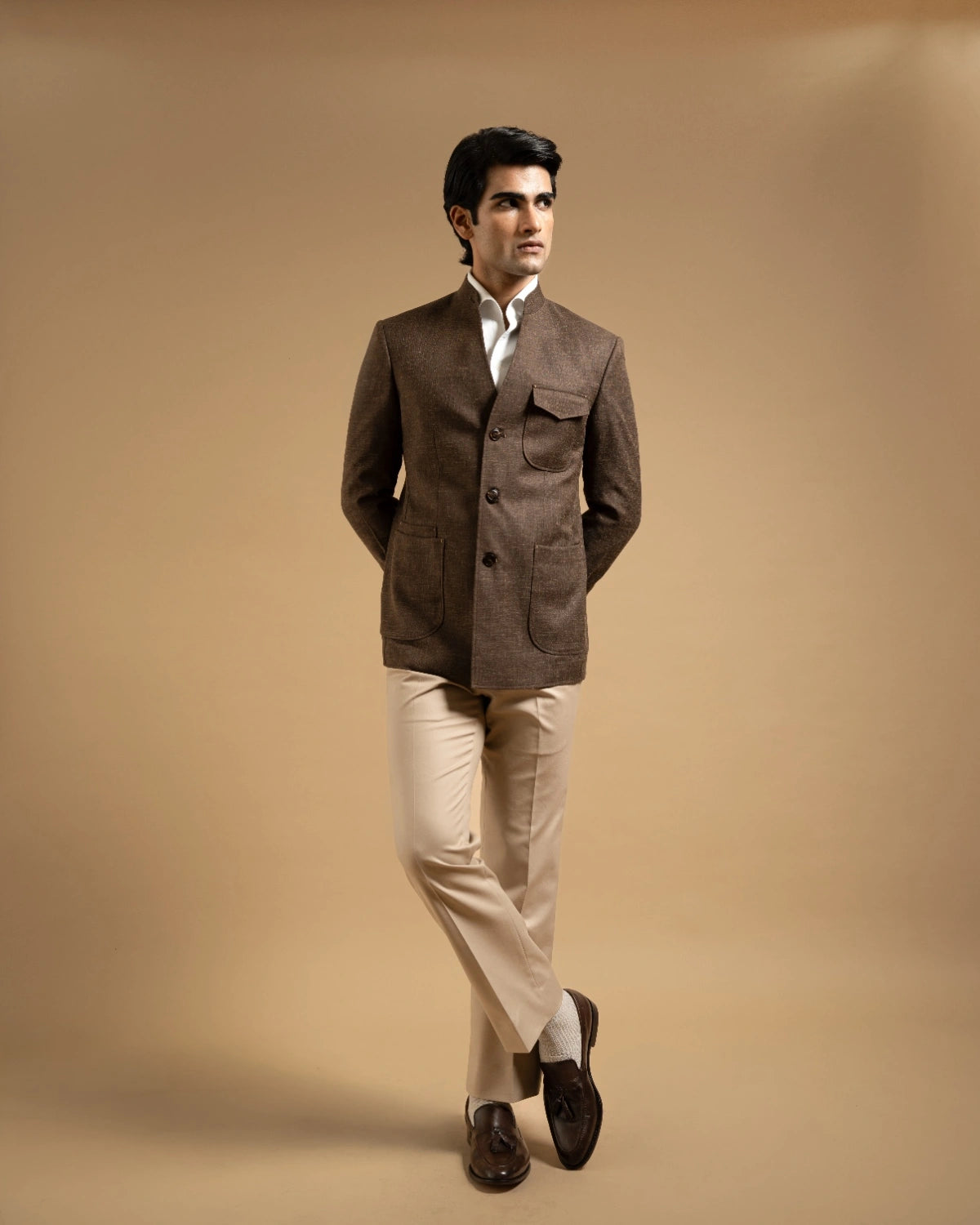 Brown V-neck Textured Bandhgala Gargee