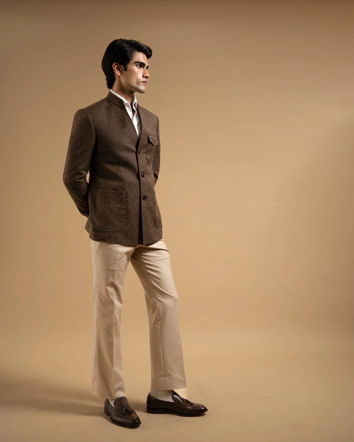 Brown V-neck Textured Bandhgala Gargee