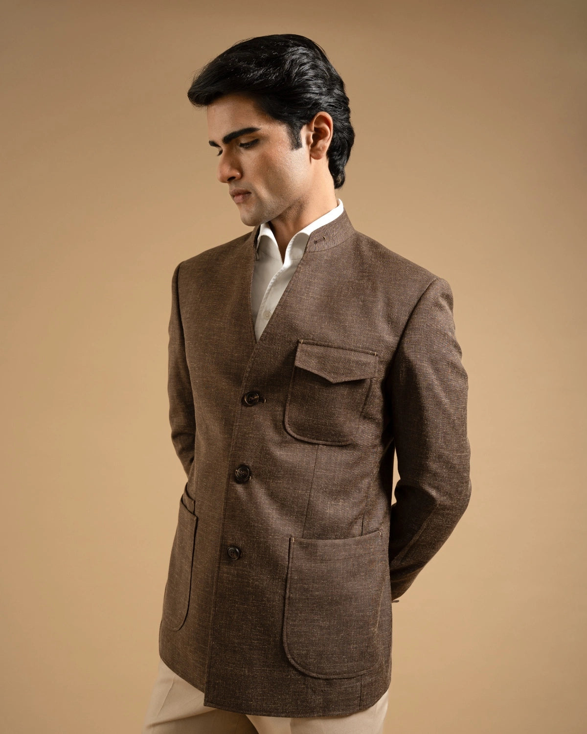 Brown V-neck Textured Bandhgala Gargee