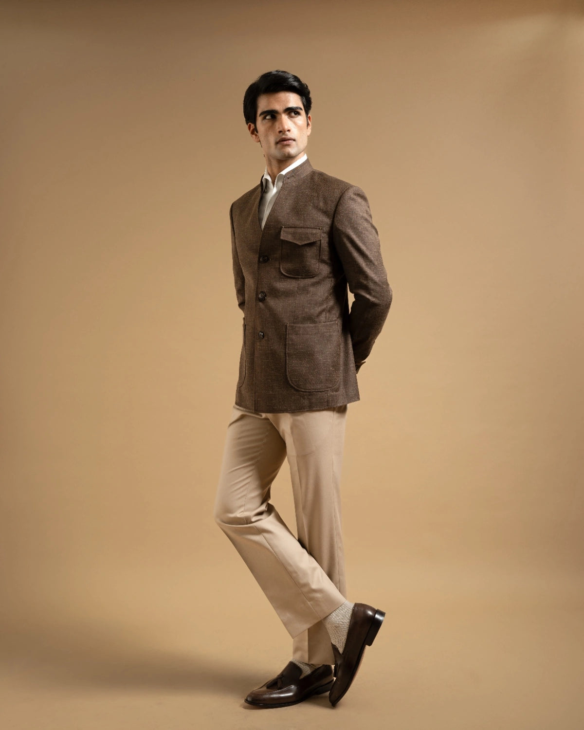 Brown V-neck Textured Bandhgala Gargee