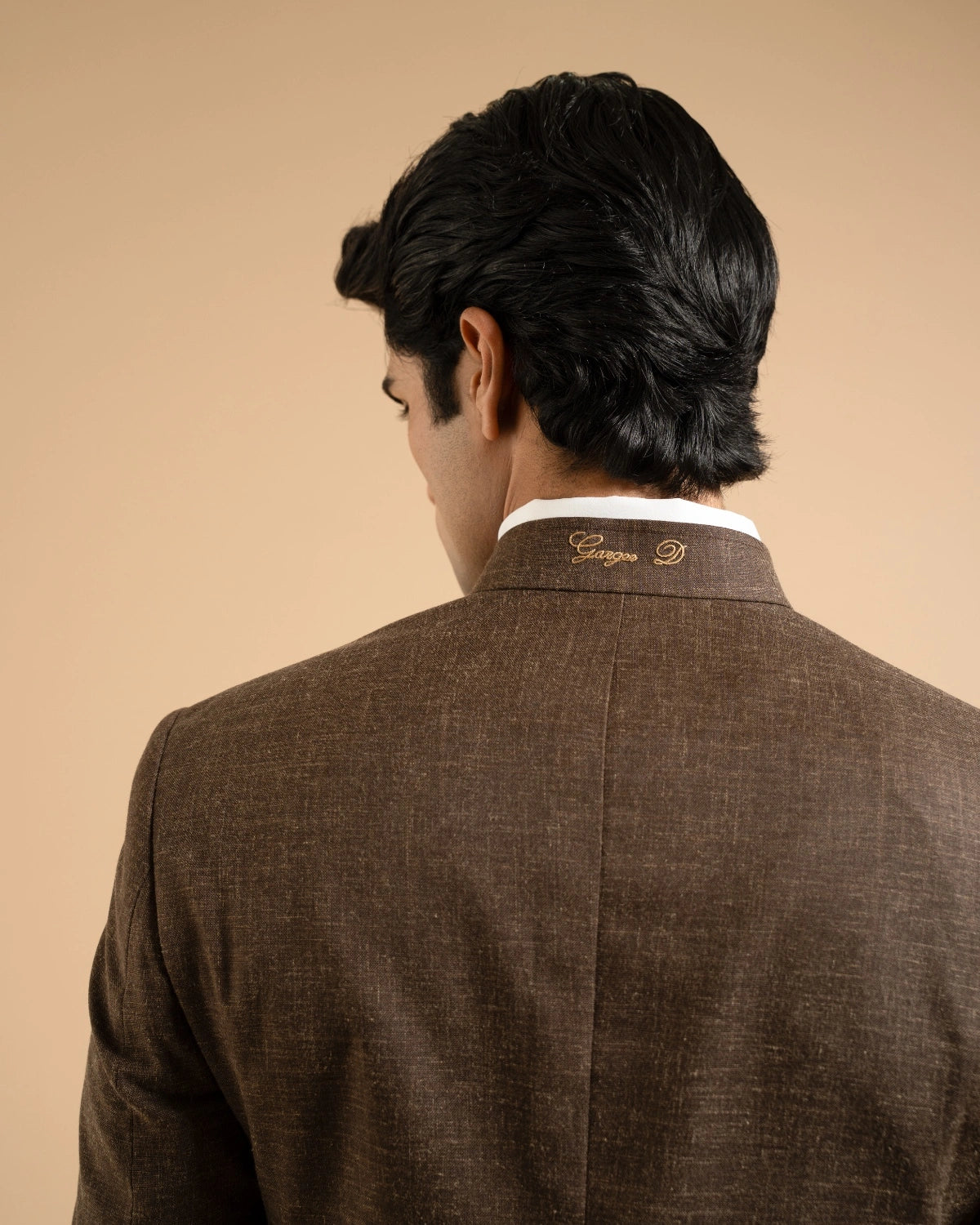 Brown V-neck Textured Bandhgala Gargee