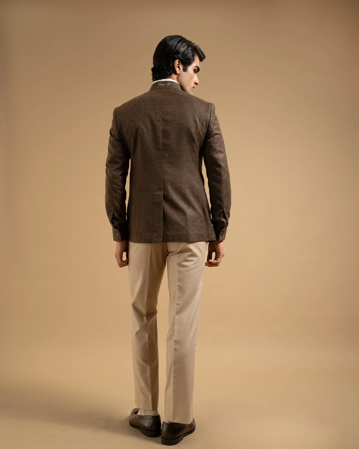 Brown V-neck Textured Bandhgala Gargee