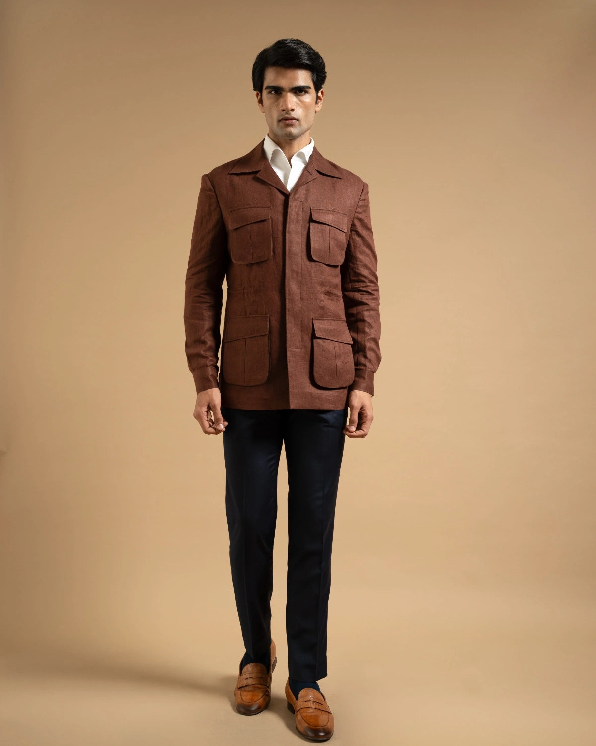 Chocolate Brown Linen Utility Shacket Gargee