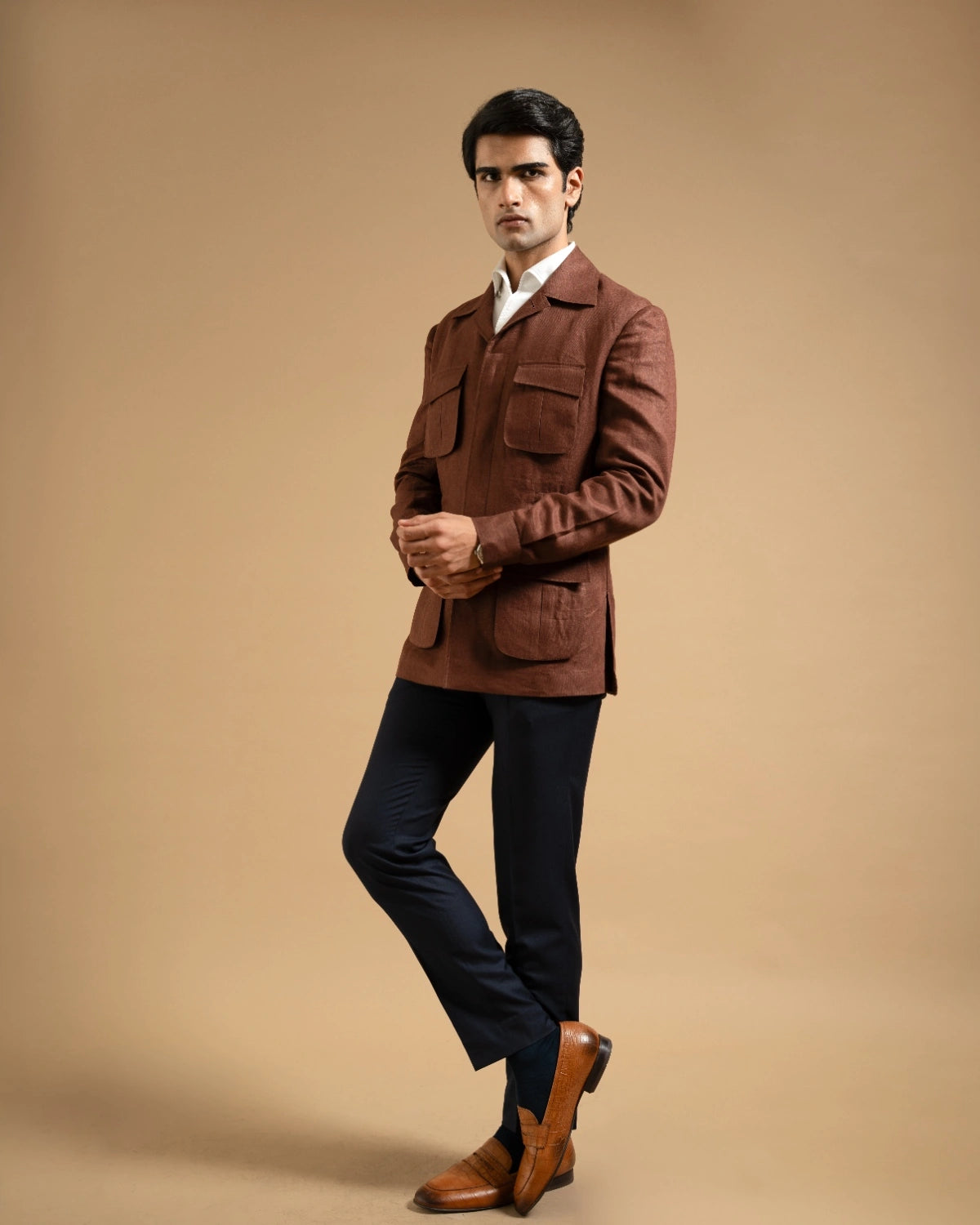 Chocolate Brown Linen Utility Shacket Gargee
