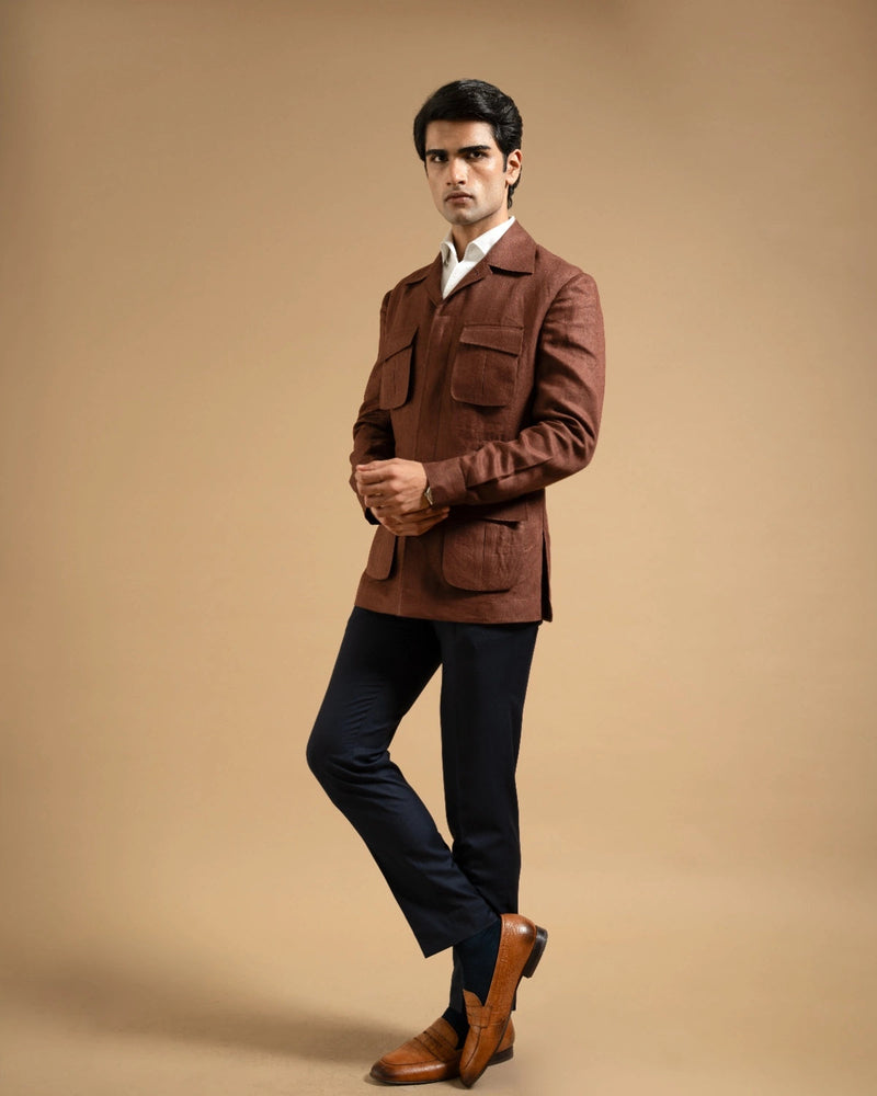 Chocolate Brown Linen Utility Shacket Gargee