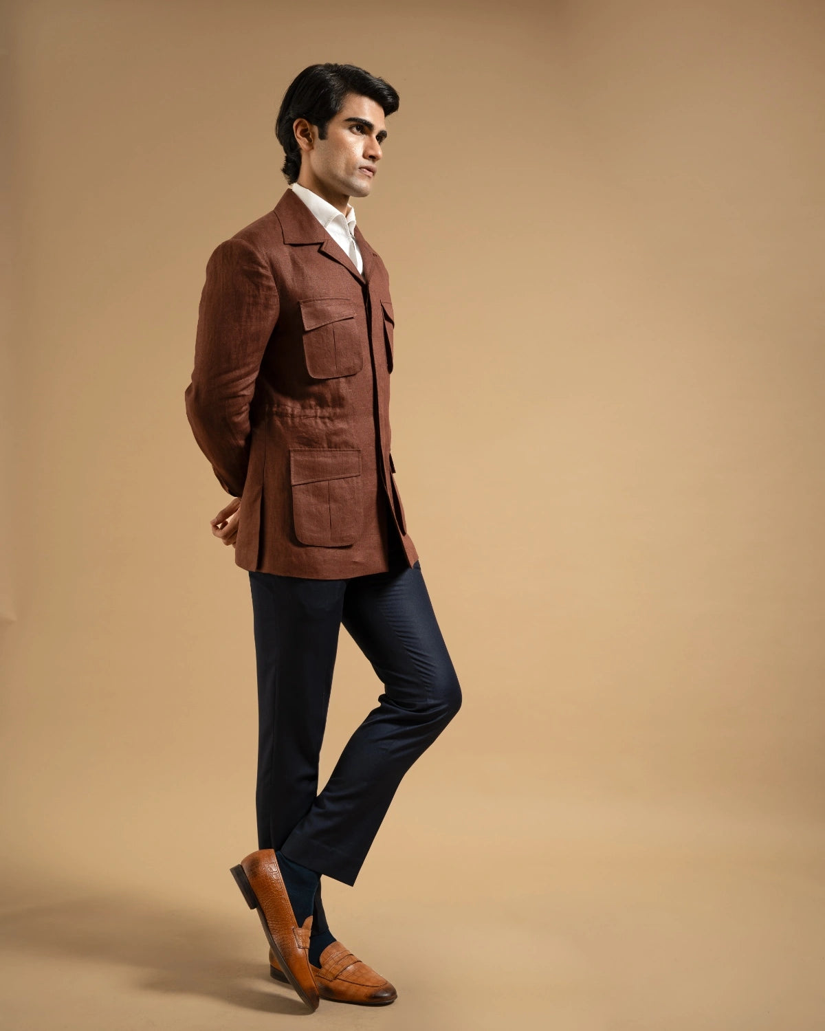 Chocolate Brown Linen Utility Shacket Gargee