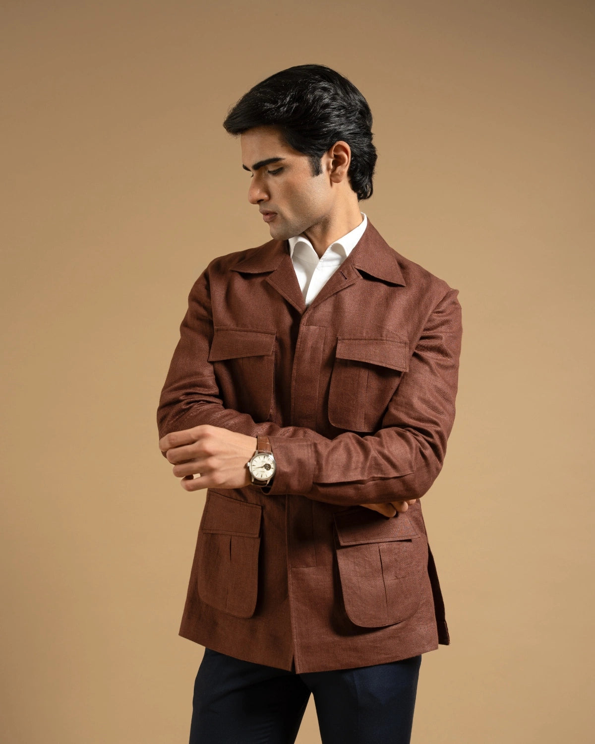 Chocolate Brown Linen Utility Shacket Gargee