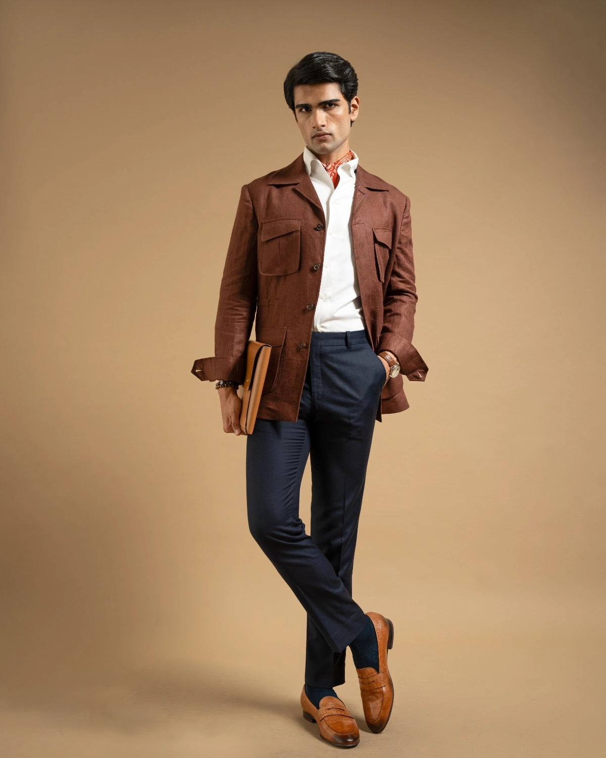 Chocolate Brown Linen Utility Shacket Gargee