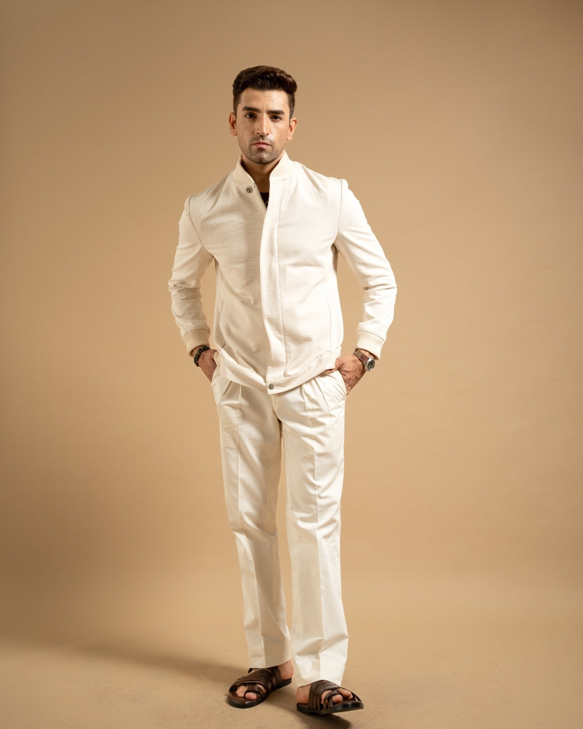 Cream Cotton Blend Bomber Jacket Gargee