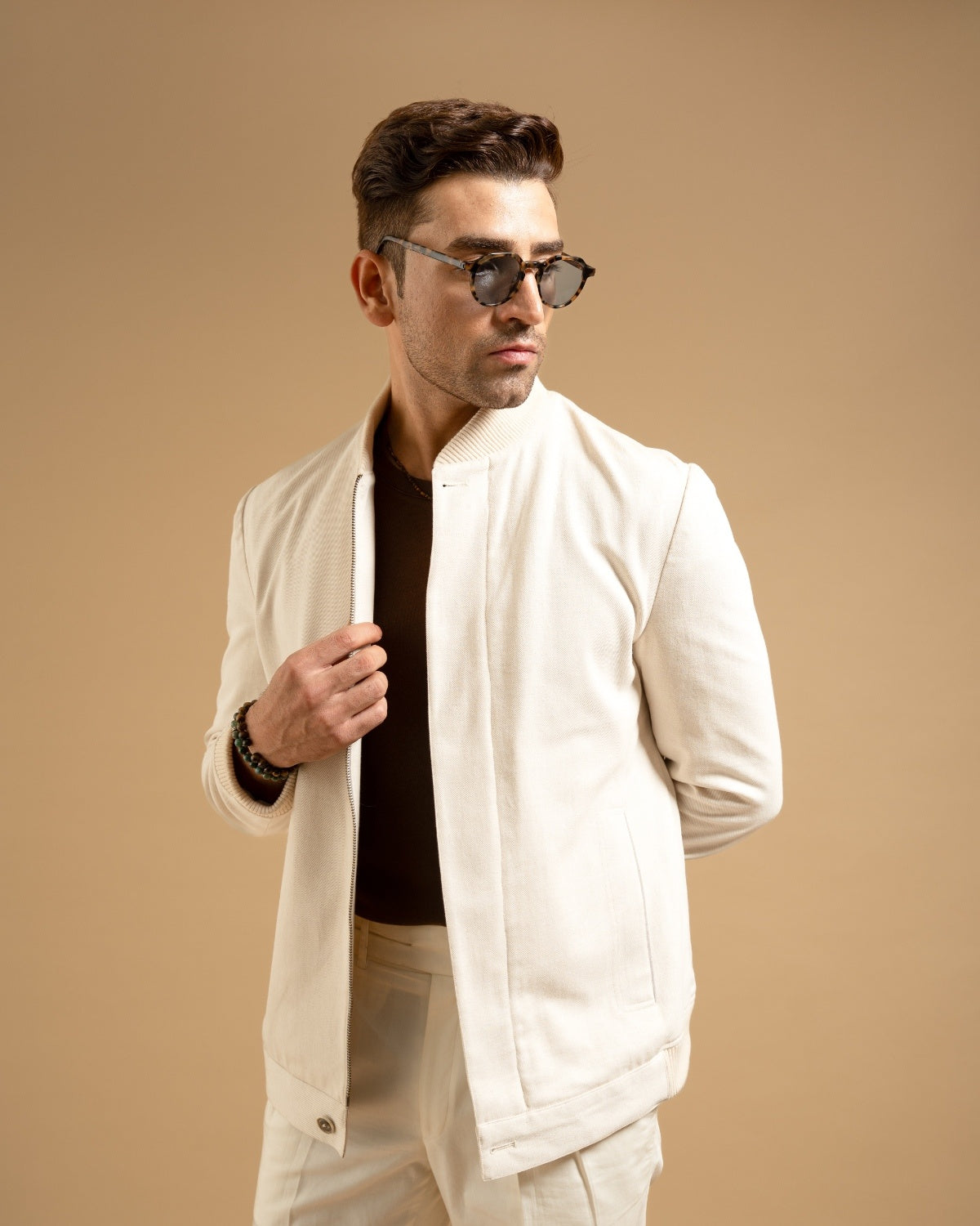 Cream Cotton Blend Bomber Jacket Gargee