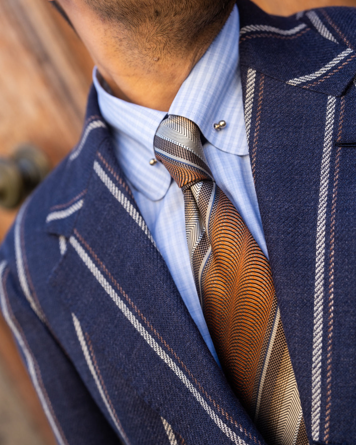 Navy Striped Wool Silk Linen Blazer Gargee