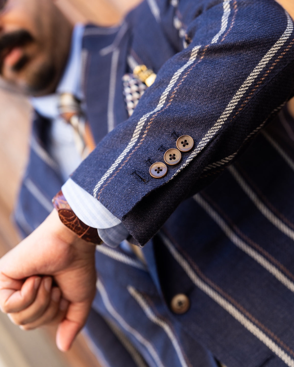 Navy Striped Wool Silk Linen Blazer Gargee