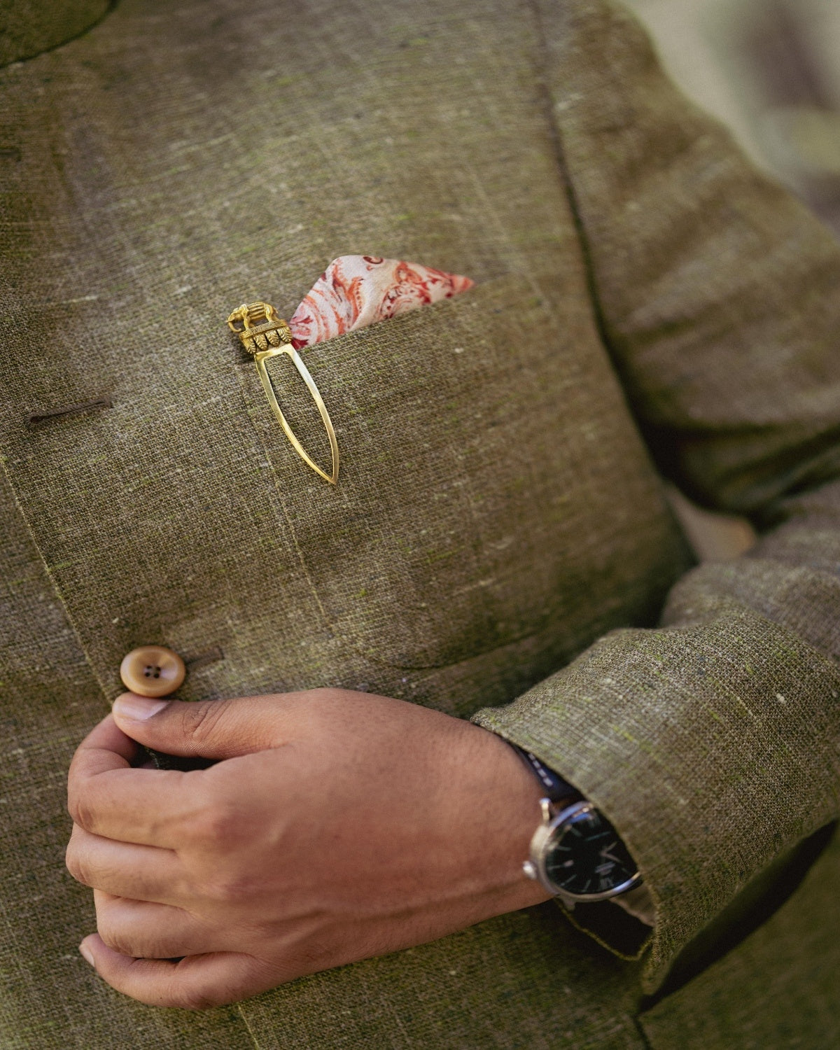 Olive Silk Linen Bandhgala Jacket Gargee