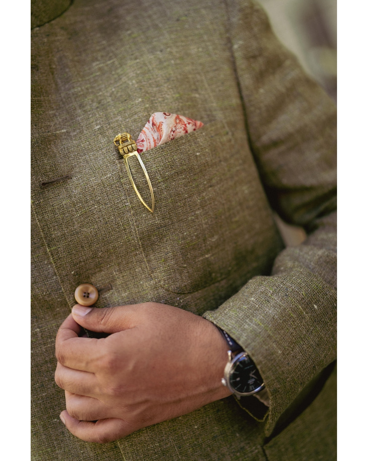 Olive Silk Linen Bandhgala Jacket Gargee