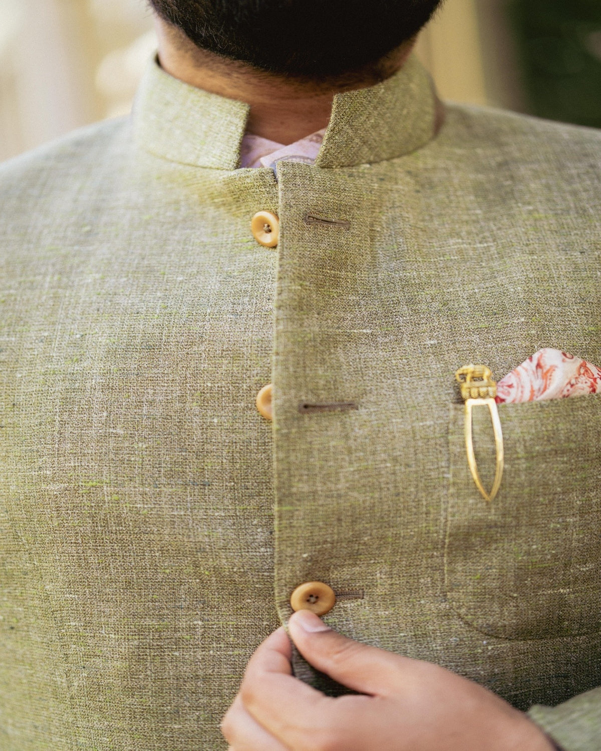 Olive Silk Linen Bandhgala Jacket Gargee