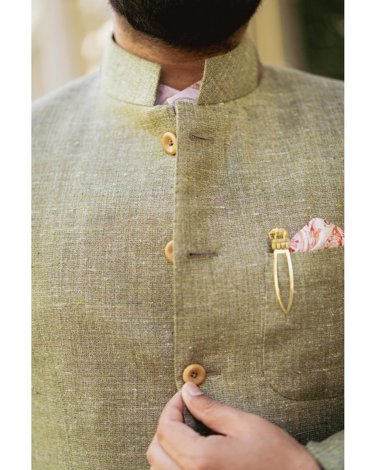 Olive Silk Linen Bandhgala Jacket Gargee