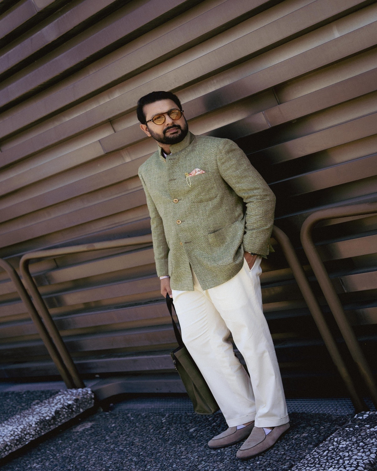 Olive Silk Linen Bandhgala Jacket Gargee