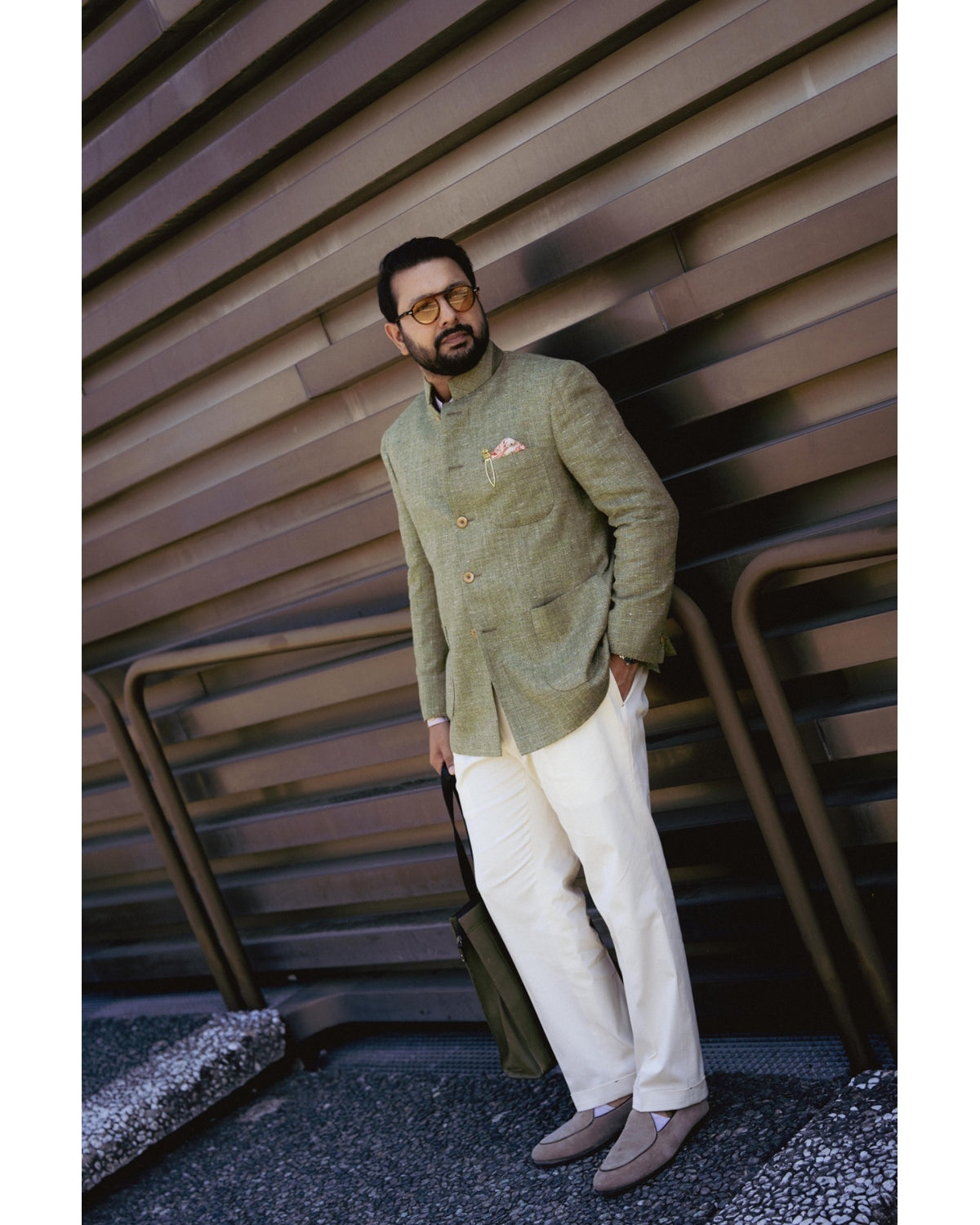 Olive Silk Linen Bandhgala Jacket Gargee