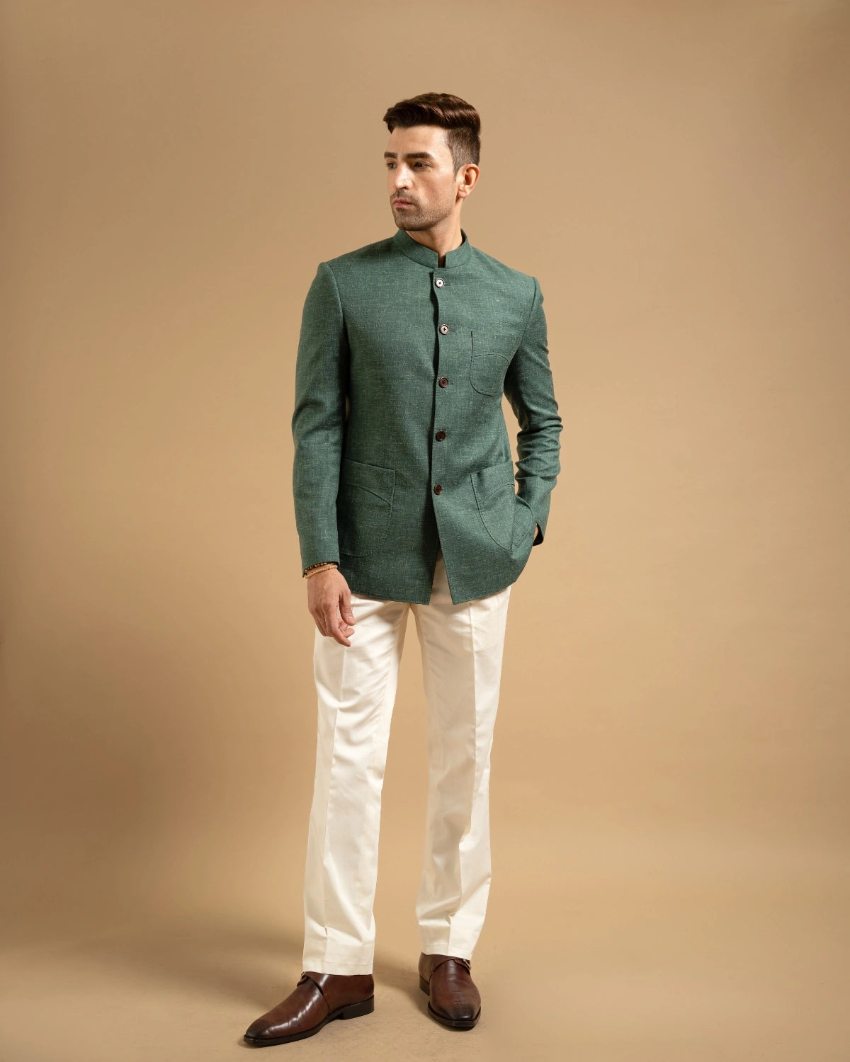 Dark Green Textured Patch Pocket Bandhgala Gargee