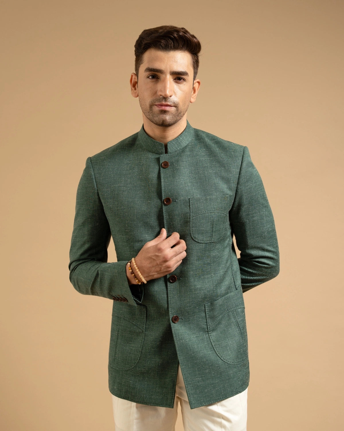 Dark Green Textured Patch Pocket Bandhgala Gargee