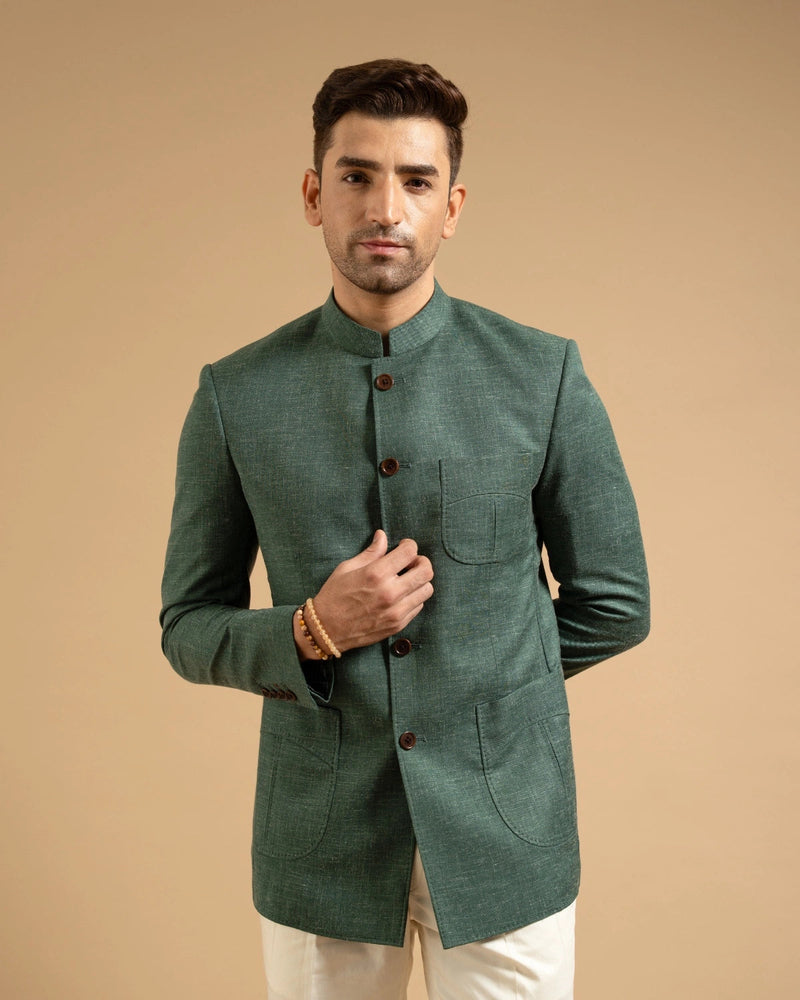 Dark Green Textured Patch Pocket Bandhgala Gargee
